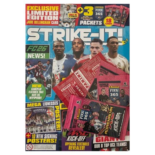 2026 Panini FIFA 365 Adrenalyn XL - STRIKE IT! MAGAZINE #151 (28.08.25) with 3 Kick Off packs & Bellingham Limited Edition