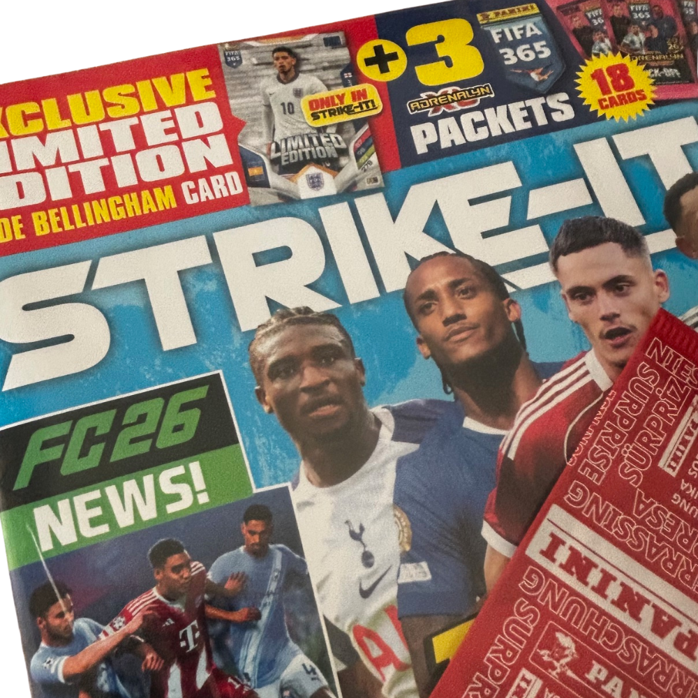 2026 Panini FIFA 365 Adrenalyn XL - STRIKE IT! MAGAZINE #151 (28.08.25) with 3 Kick Off packs & Bellingham Limited Edition