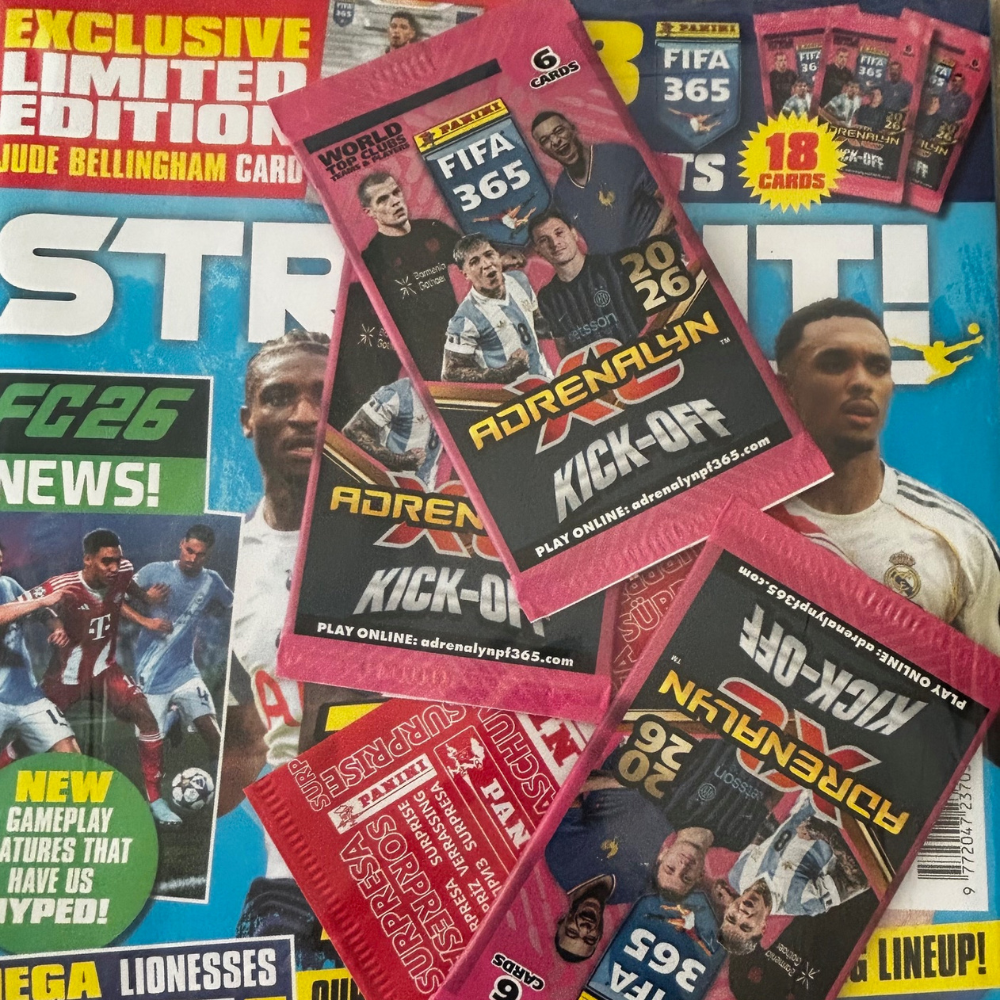 2026 Panini FIFA 365 Adrenalyn XL - STRIKE IT! MAGAZINE #151 (28.08.25) with 3 Kick Off packs & Bellingham Limited Edition