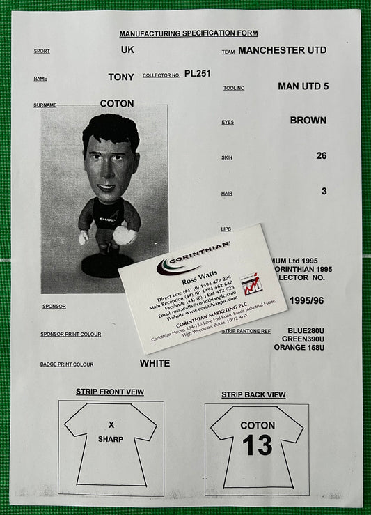 Corinthian Manufacturing Specification Form - TONY COTON (MANCHESTER UNITED) 1995-96 PL251