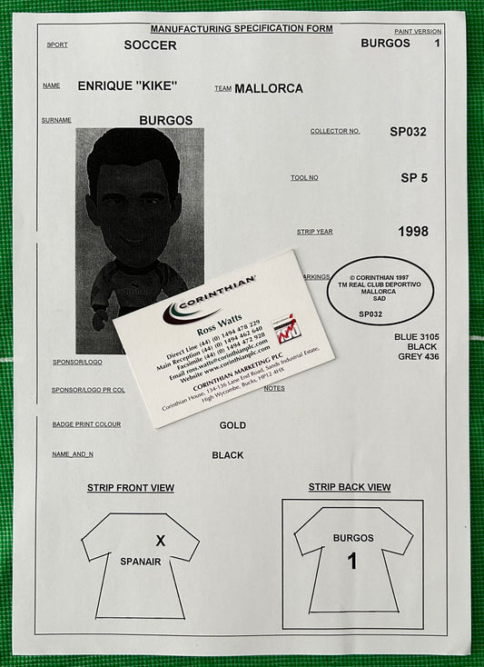 Corinthian Manufacturing Specification Form - ENRIQUE "KIKE" BURGOS (MALLORCA) 1996-97 SP032