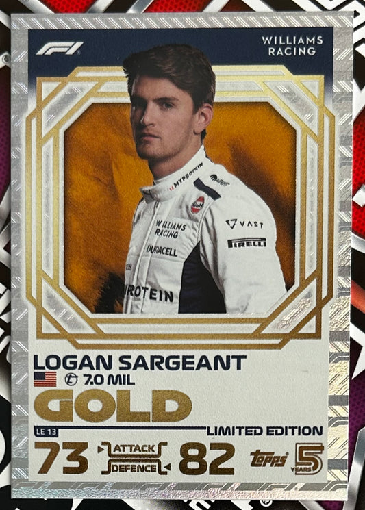 Topps F1 Turbo Attax 2024 - LOGAN SARGEANT (WILLIAMS) Gold Limited Edition LE13