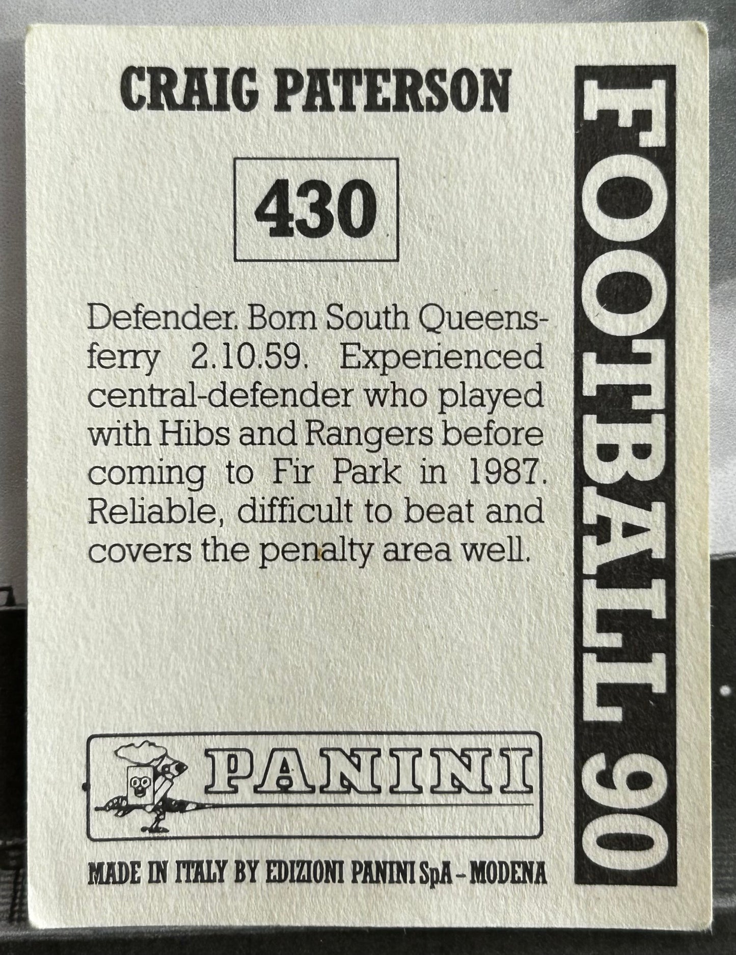 Panini Football 90 Sticker - CRAIG PATERSON (MOTHERWELL) #430