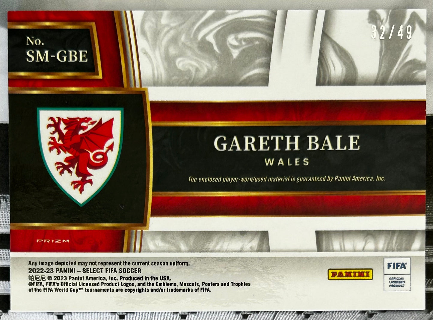 2022-23 Panini Select FIFA Soccer - GARETH BALE (WALES) Player-Worn Patch Purple Prizm #SM-GBE /49 *See Condition Note*