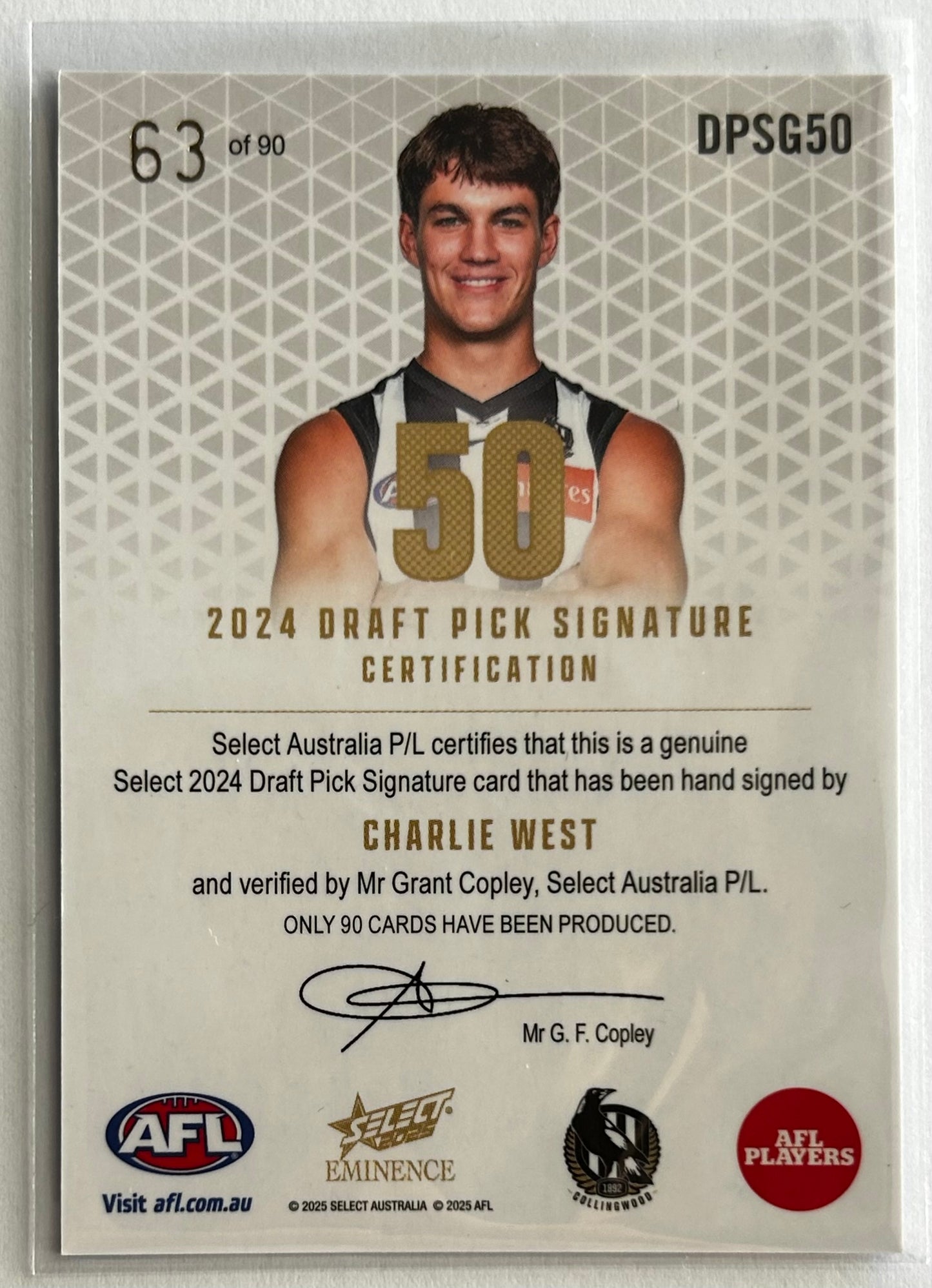 2025 AFL Select Eminence - CHARLIE WEST (COLLINGWOOD) Draft Pick Signature Gold /90 DPSG50