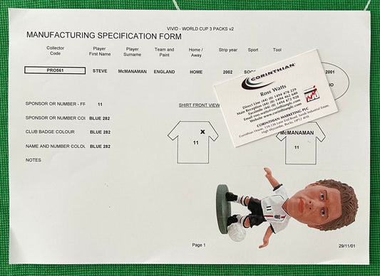 Corinthian ProStars Manufacturing Specification Form - STEVE McMANAMAN (ENGLAND) Vivid World Cup 2002 3 Packs PRO561