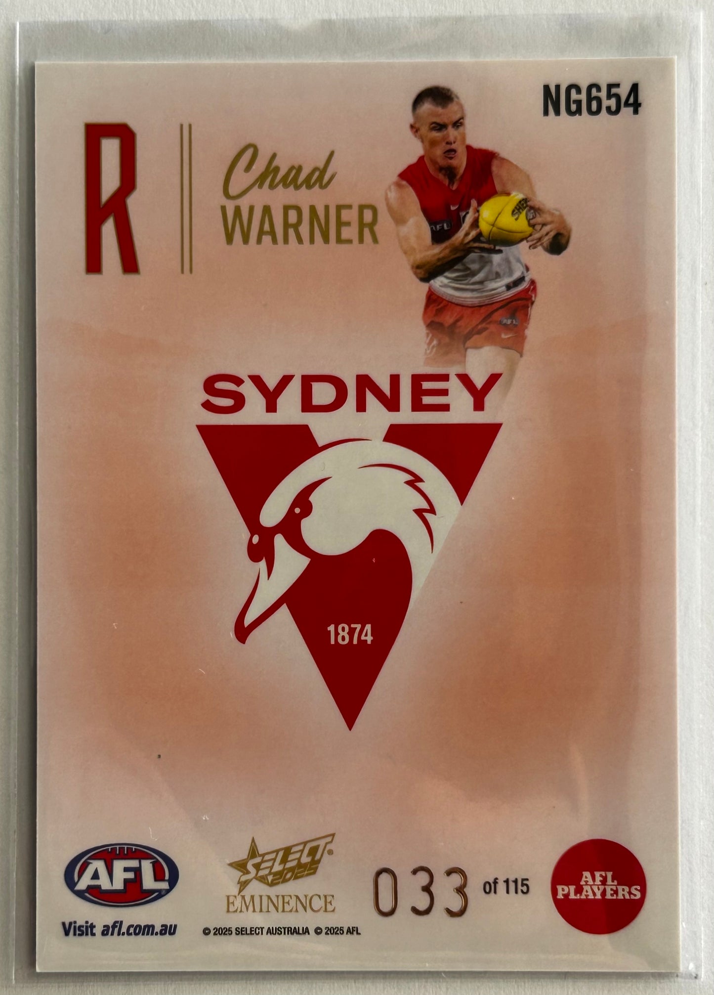 2025 AFL Select Eminence - CHAD WARNER (SYDNEY SWANS) Nameplate Gold 'R' /115 NG654