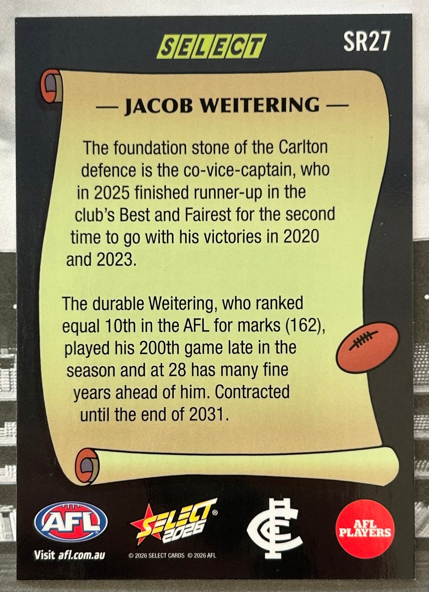 Select AFL Footy Stars 2026 - JACOB WEITERING (CARLTON) Select Rewind SR27