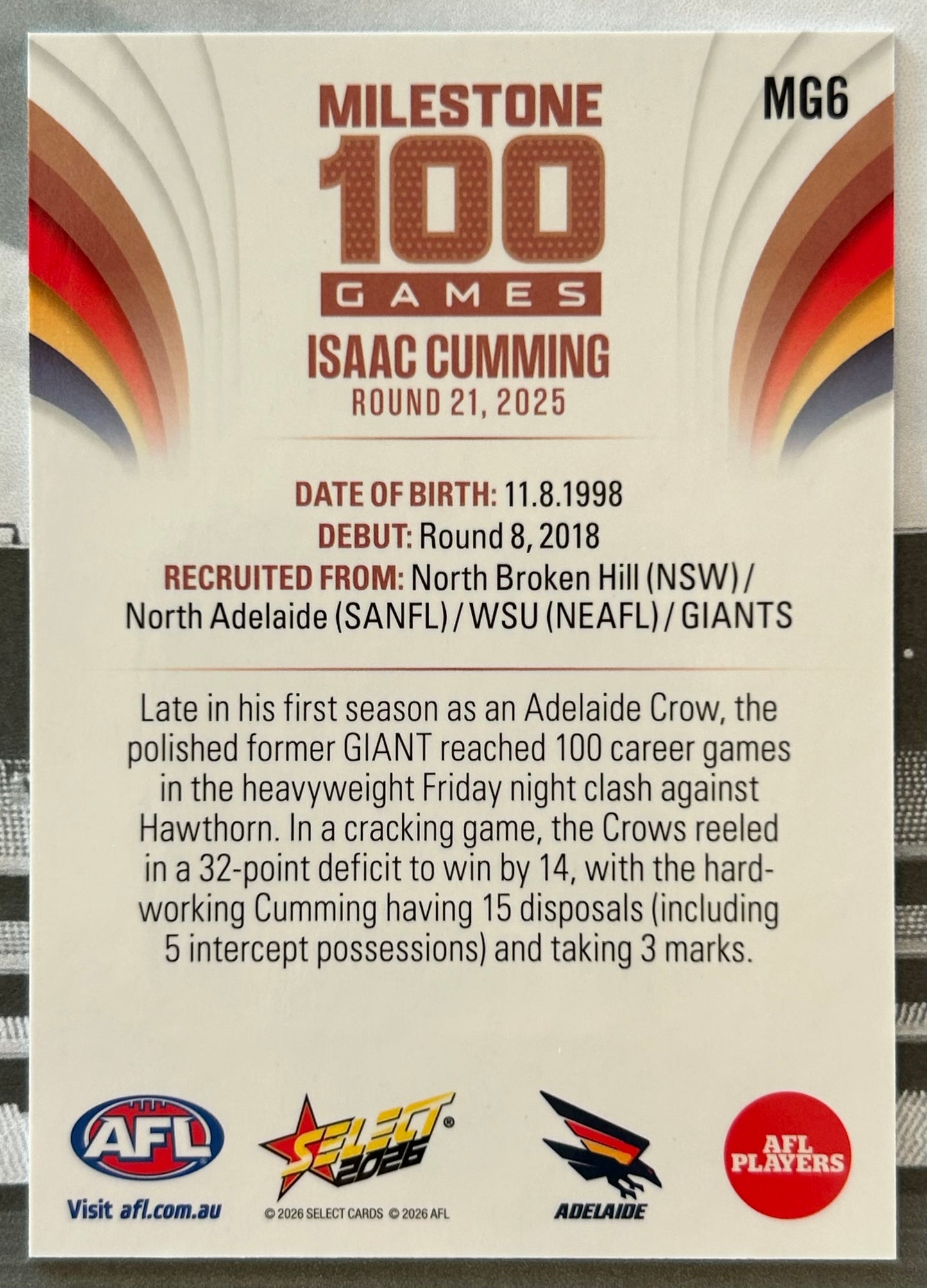 Select AFL Footy Stars 2026 - ISAAC CUMMING (ADELAIDE CROWS) Milestone 100 Games MG6