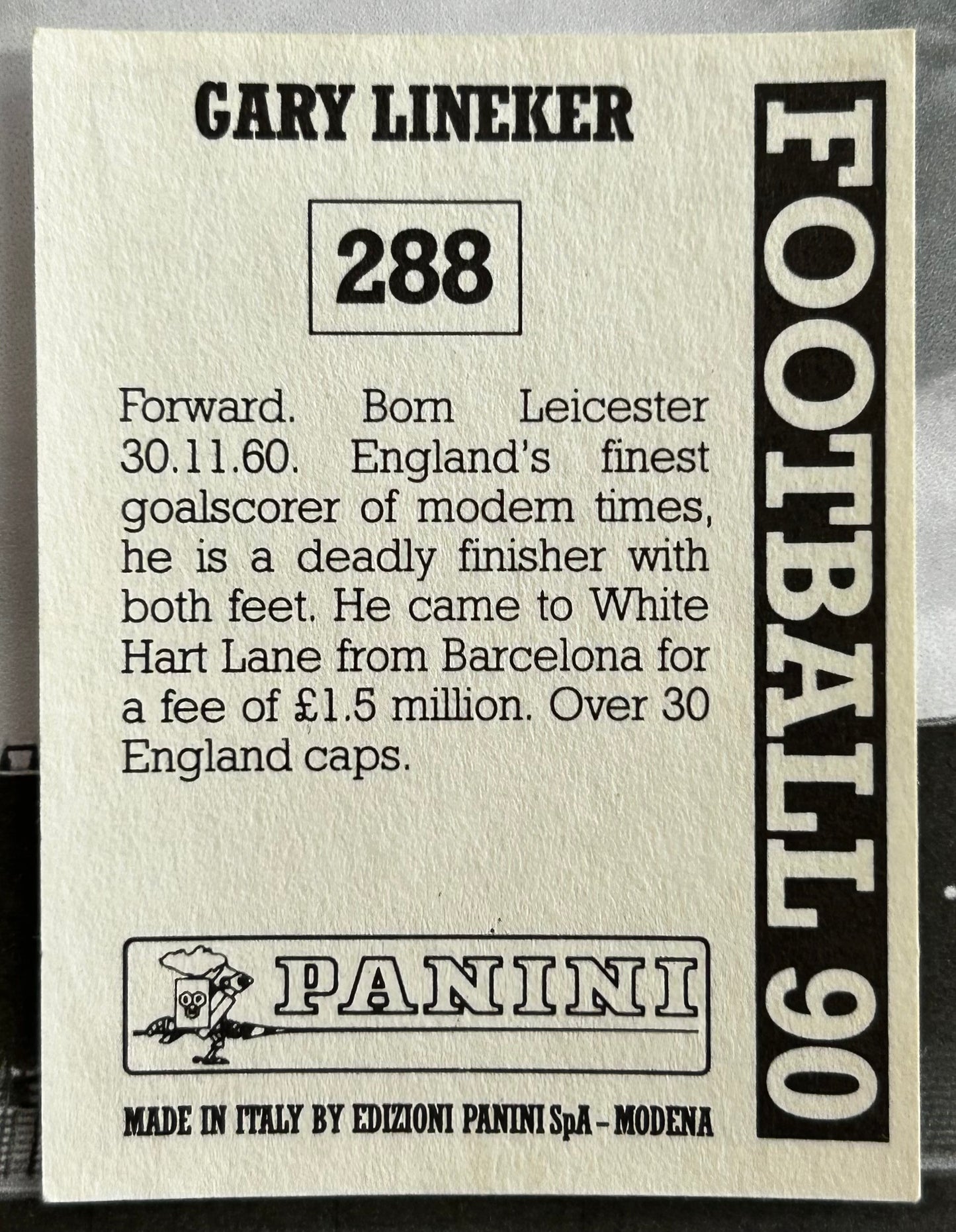 Panini Football 90 Sticker - GARY LINEKER (TOTTENHAM HOTSPUR) #288