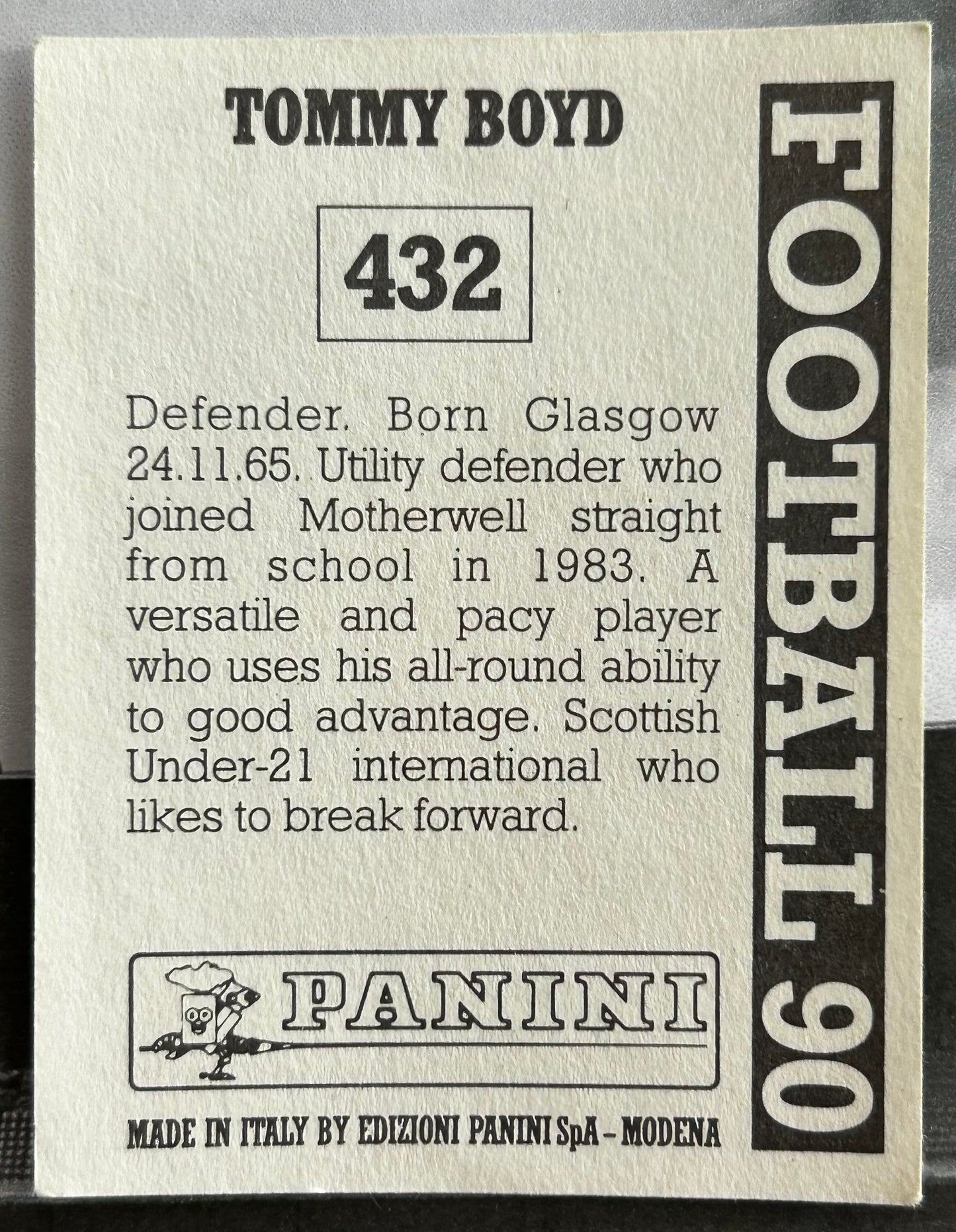 Panini Football 90 Sticker - TOMMY BOYD (MOTHERWELL) #432
