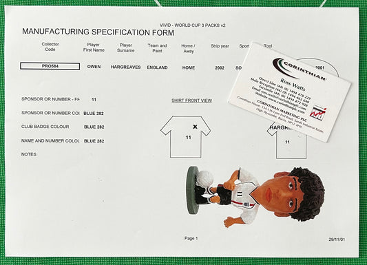 Corinthian ProStars Manufacturing Specification Form - OWEN HARGREAVES (ENGLAND) Vivid World Cup 2002 3 Packs PRO584