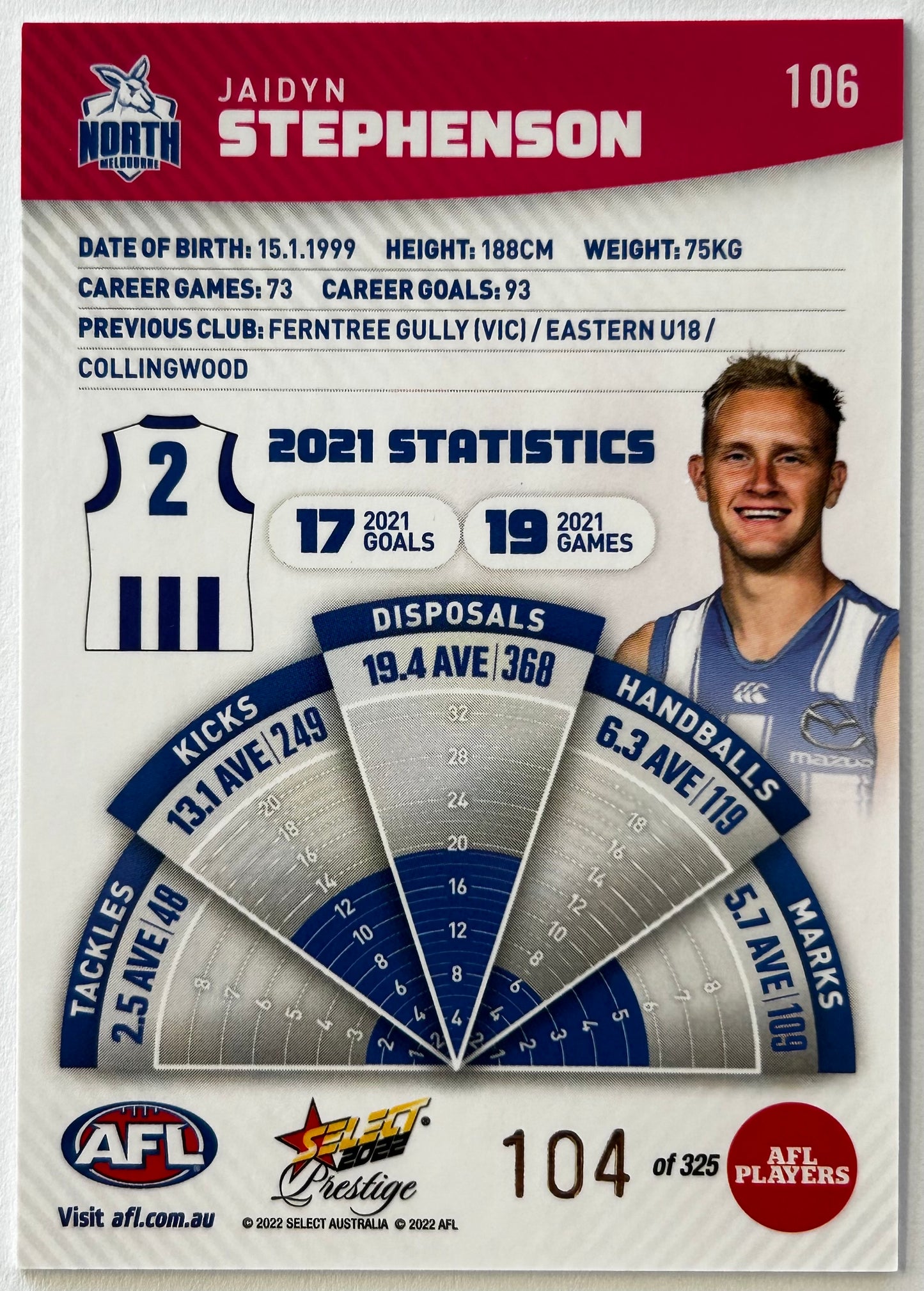 2022 AFL Select Prestige - JAYDEN STEPHENSON (NORTH MELBOURNE) Pink #106 /325