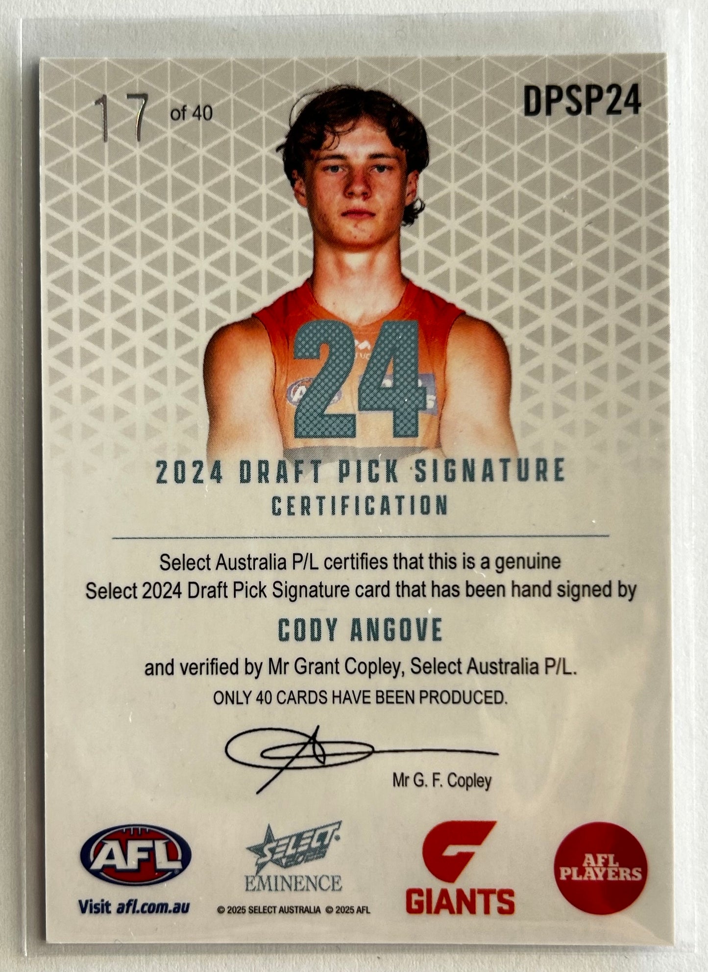 2025 AFL Select Eminence - CODY ANGOVE (GWS GIANTS) Draft Pick Signature Platinum /40 DPSP24