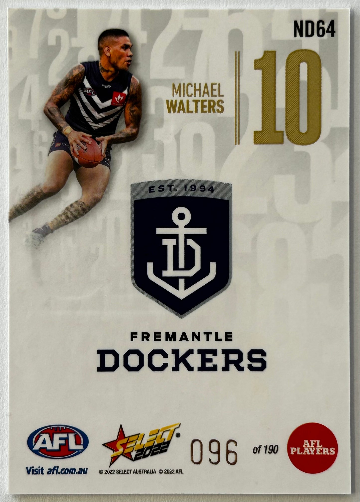 2022 AFL Select Footy Stars - MICHAEL WALTERS (FREMANTLE DOCKERS) Numbers Daylight ND64 #096/190