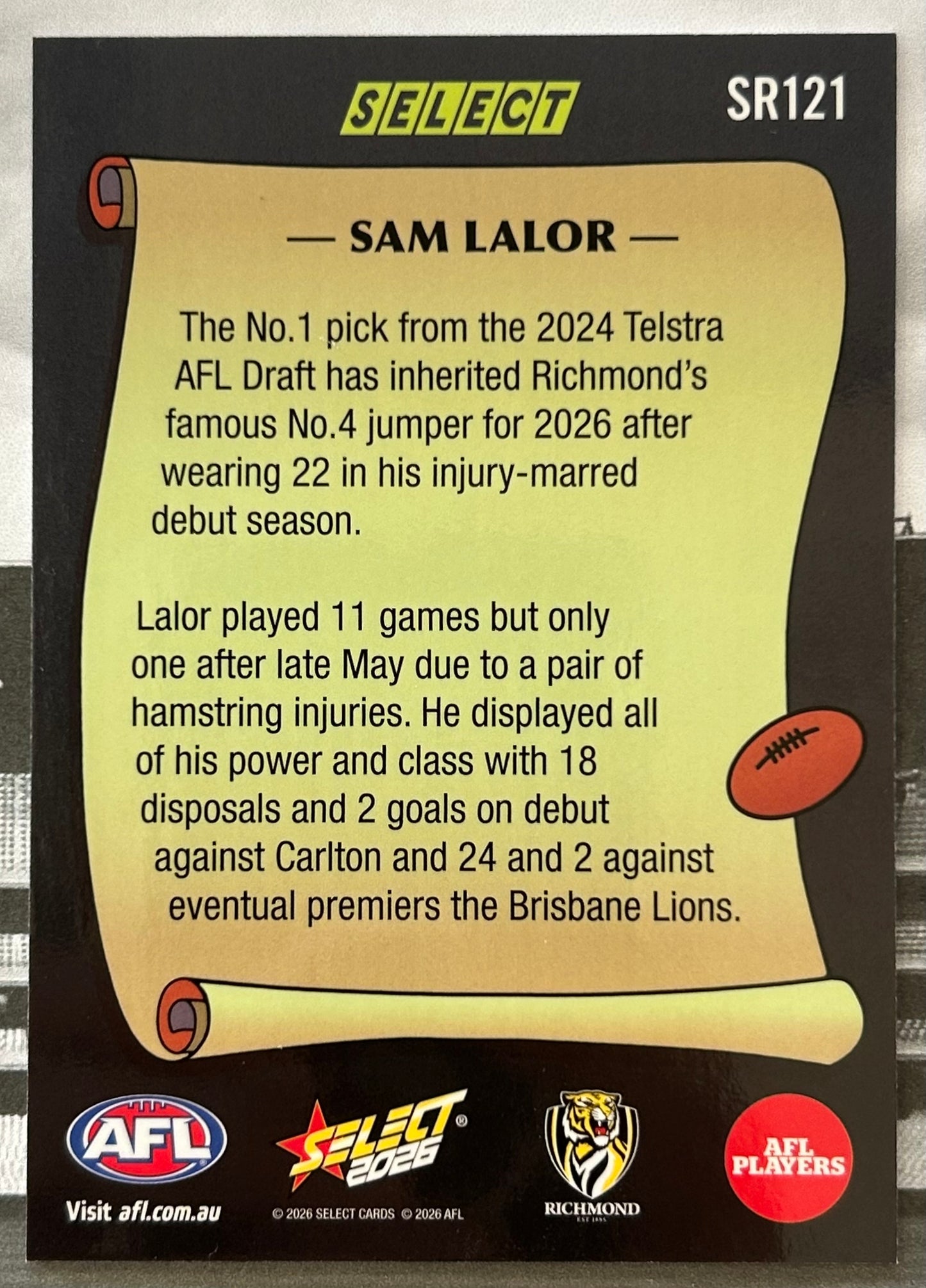 Select AFL Footy Stars 2026 - SAM LALOR (RICHMOND TIGERS) Select Rewind SR121