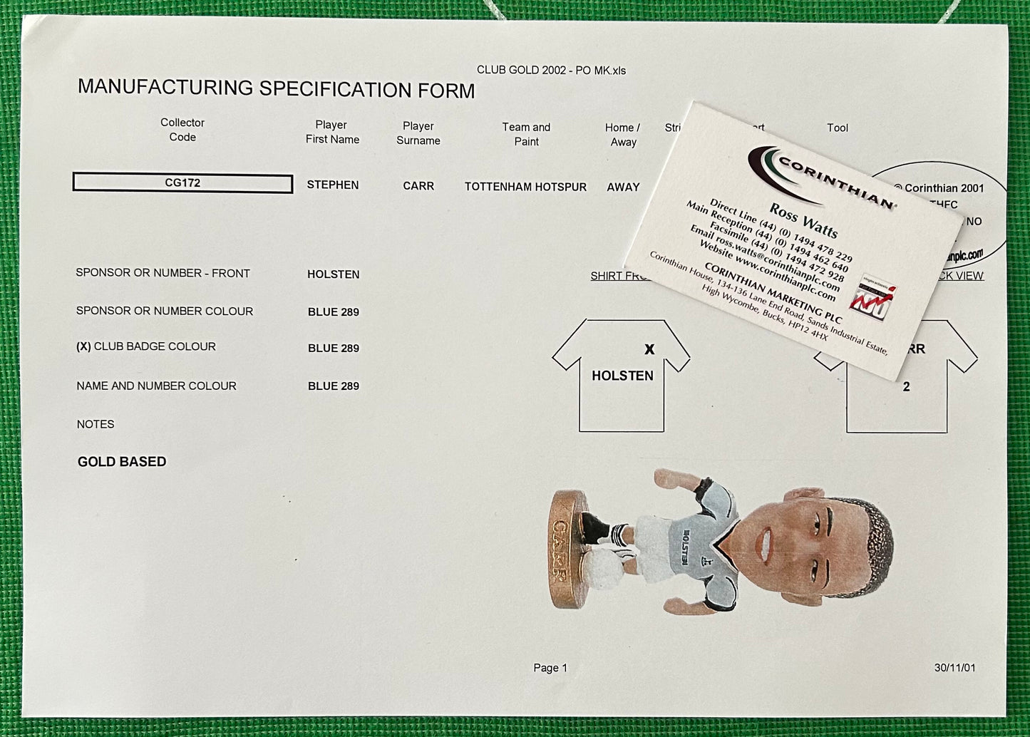 Corinthian ProStars Manufacturing Specification Form - STEPHEN CARR (TOTTENHAM HOTSPUR) Away Kit CG172