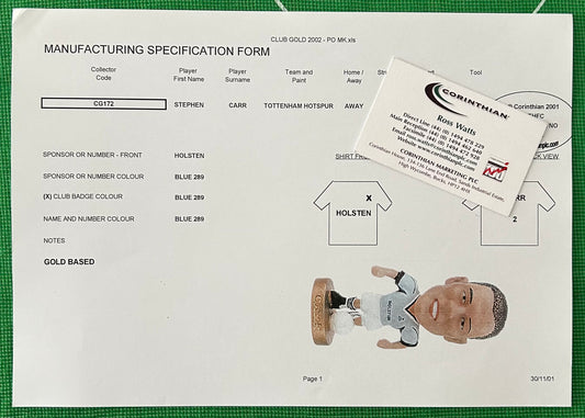Corinthian ProStars Manufacturing Specification Form - STEPHEN CARR (TOTTENHAM HOTSPUR) Away Kit CG172