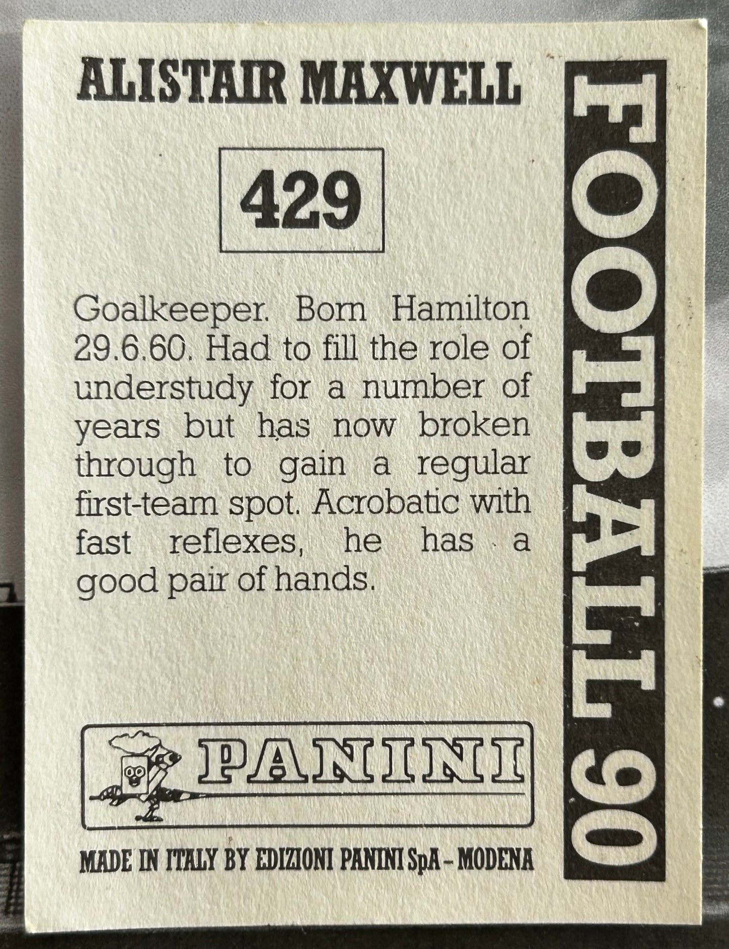Panini Football 90 Sticker - ALISTAIR MAXWELL (MOTHERWELL) #429
