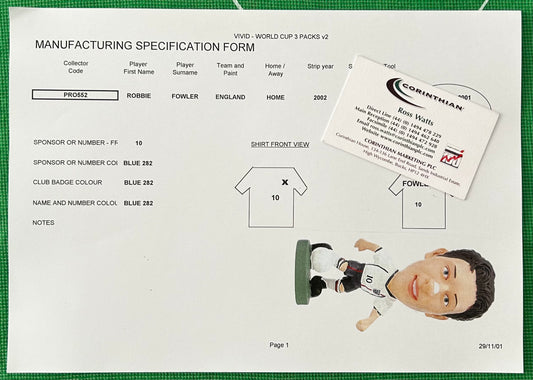 Corinthian ProStars Manufacturing Specification Form - ROBBIE FOWLER (ENGLAND) Vivid World Cup 2002 3 Packs PRO552