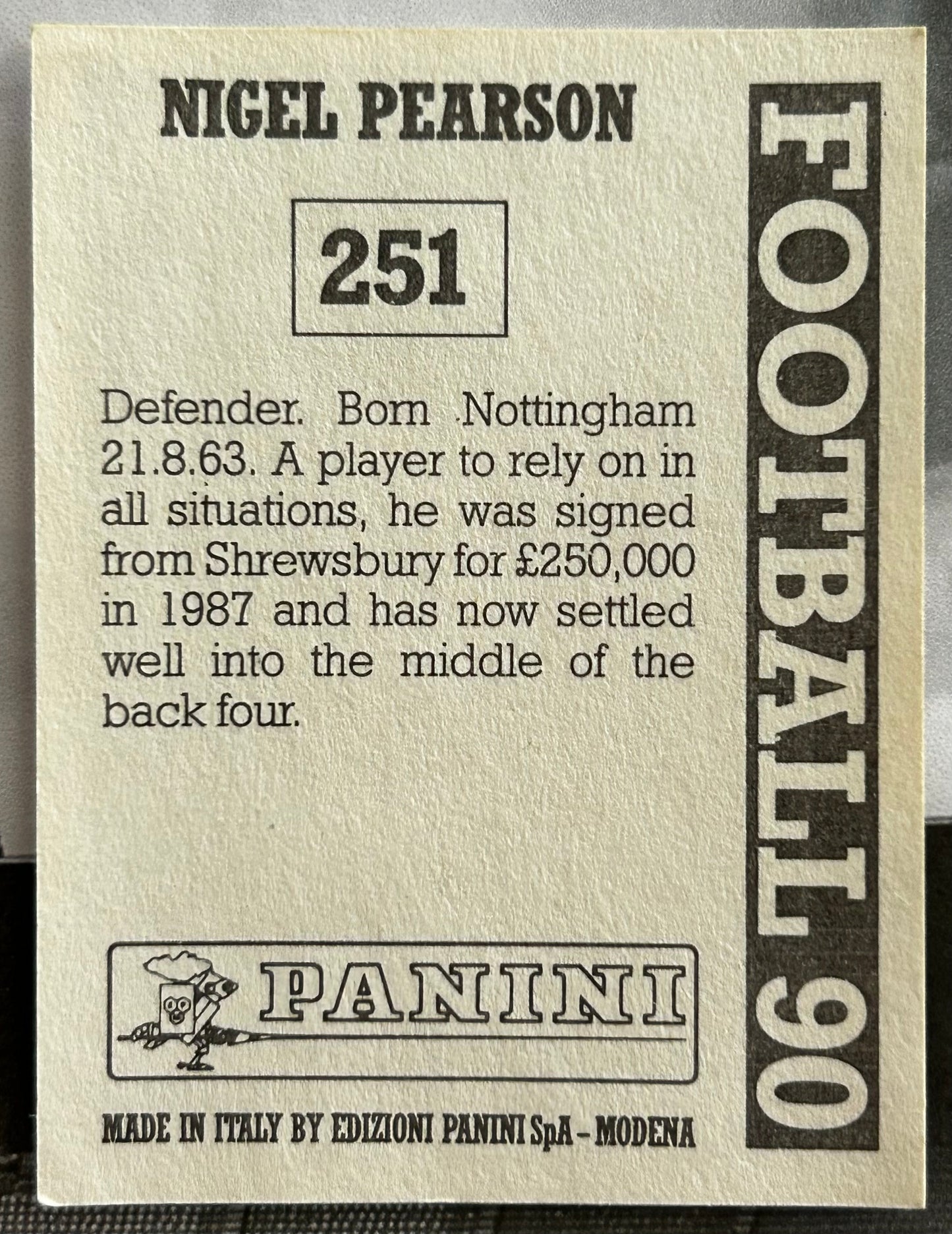 Panini Football 90 Sticker - NIGEL PEARSON (SHEFFIELD WEDNESDAY) #251
