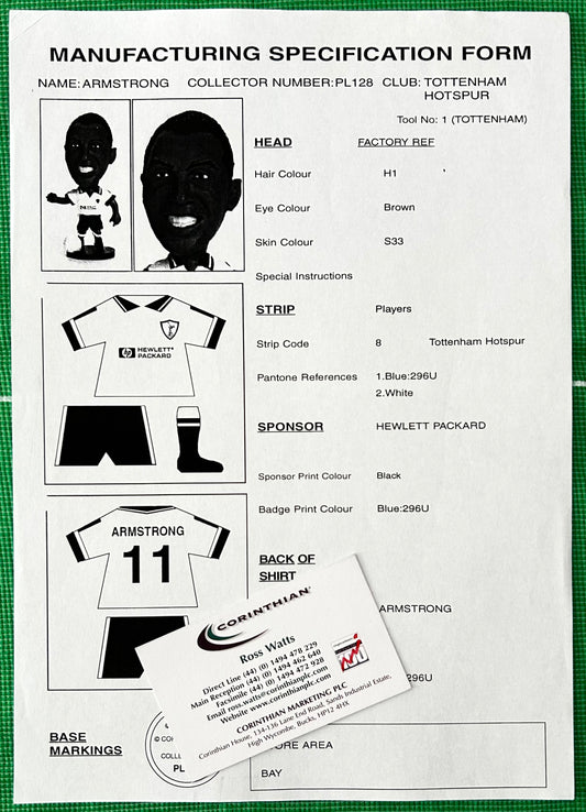 Corinthian Manufacturing Specification Form - CHRIS ARMSTRONG (TOTTENHAM HOTSPUR) 1995-96 PL128