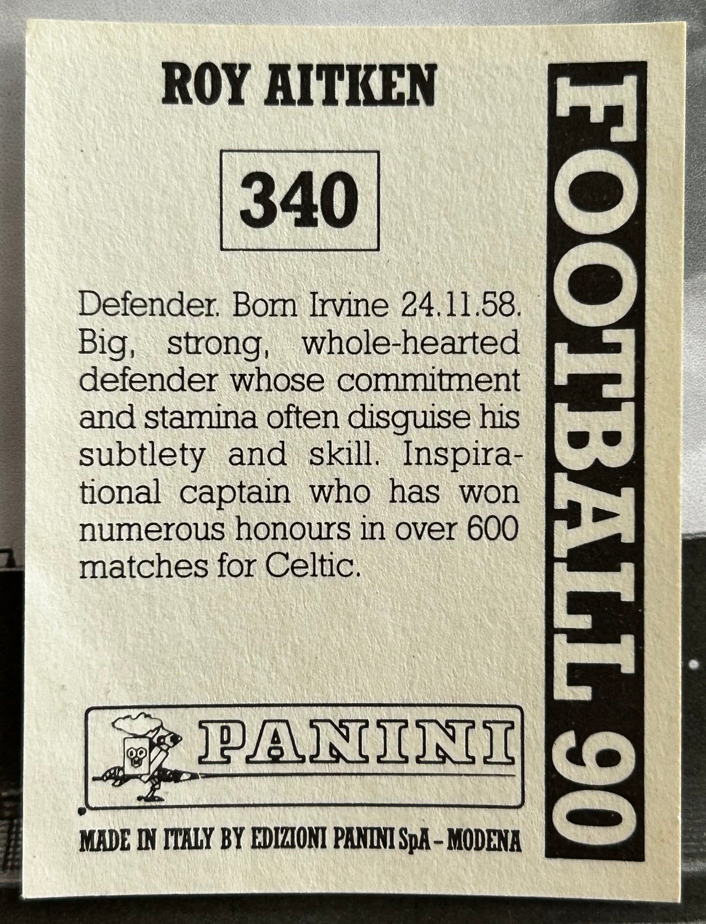 Panini Football 90 Sticker - ROY AITKEN (CELTIC) #340