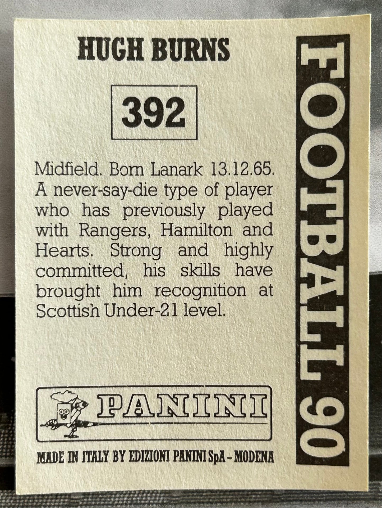 Panini Football 90 Sticker - HUGH BURNS (DUNFERMILNE ATHLETIC) #392