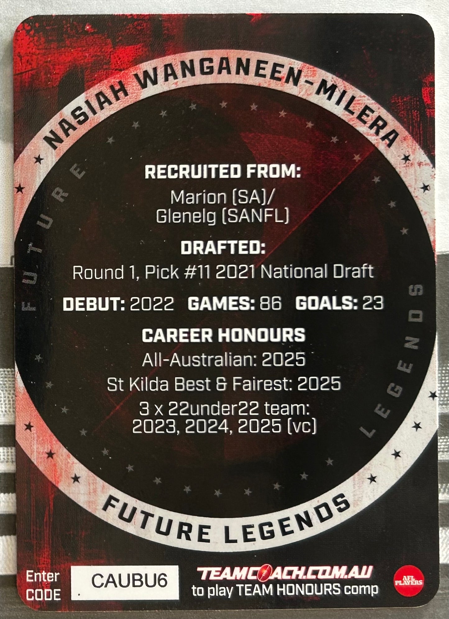 AFL Teamcoach 2026 - NASIAH WANGANEEN-MILERA (ST KILDA) Team Future Legends FL-15 (1:108 pks)