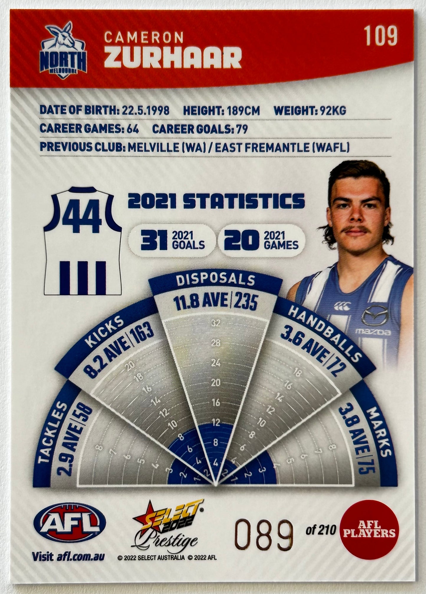 2022 AFL Select Prestige - CAMERON ZURHAAR (NORTH MELBOURNE) Orange #109 /210