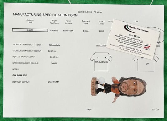 Corinthian ProStars Manufacturing Specification Form - GABRIEL BATISTUTA (AS ROMA) Roadshow Exclusive CG177