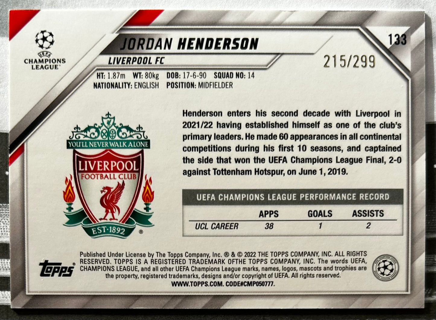 Topps UEFA 2021-22 Hobby - JORDAN HENDERSON (LIVERPOOL) Aqua Foil Parallel #215 /299