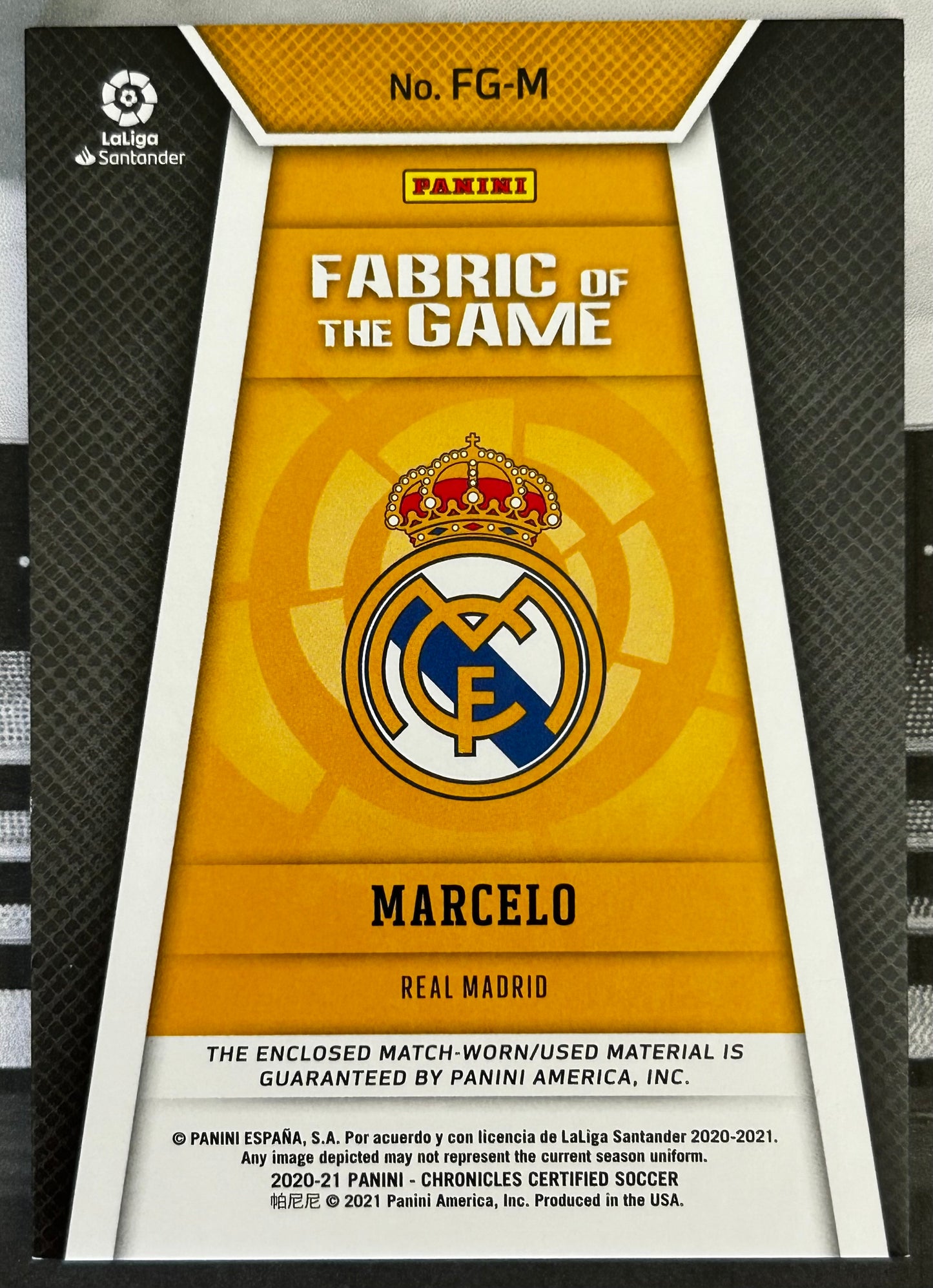 2020-21 Panini Chronicles Certified La Liga Soccer - MARCELO (REAL MADRID) Fabric of the Game FG-M /500
