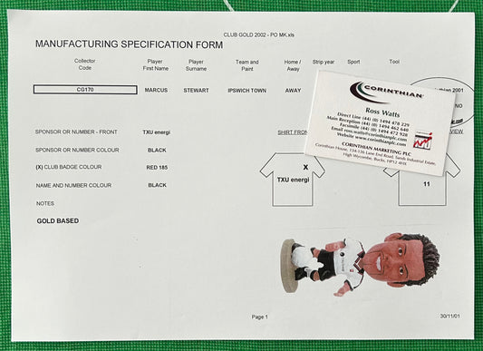 Corinthian ProStars Manufacturing Specification Form - MARCUS STEWART (IPSWICH TOWN) Away Kit CG170