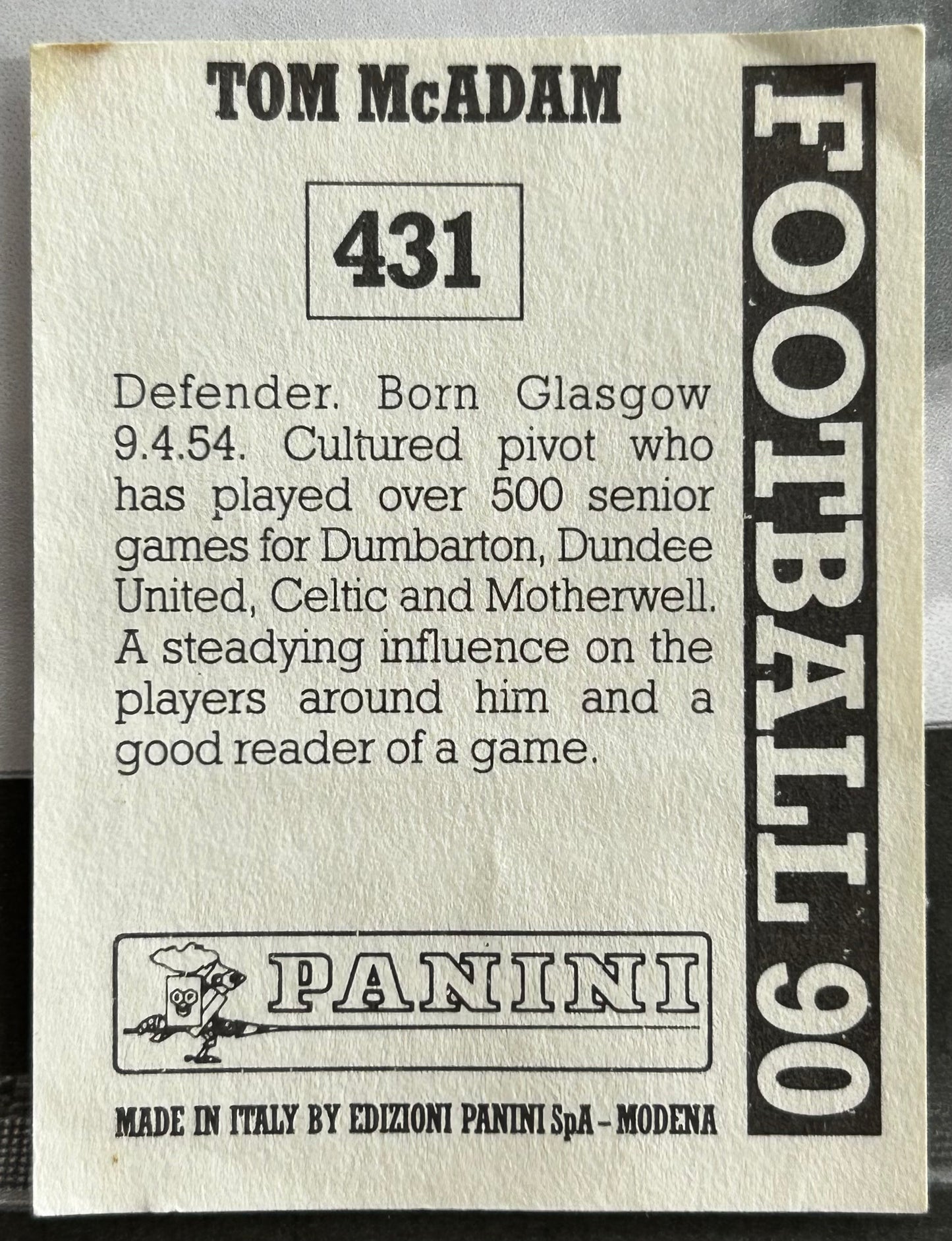 Panini Football 90 Sticker - TOM McADAM (MOTHERWELL) #431
