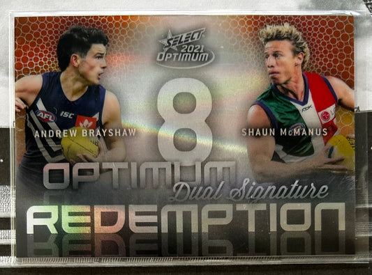2021 AFL Select Optimum - ANDREW BRAYSHAW & SHAUN McMANUS (FREMANTLE DOCKERS) Optimum Mirror Dual Signature Redemption OMDSR6 /50