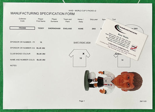 Corinthian ProStars Manufacturing Specification Form - TEDDY SHERINGHAM (ENGLAND) Vivid World Cup 2002 3 Packs PRO585