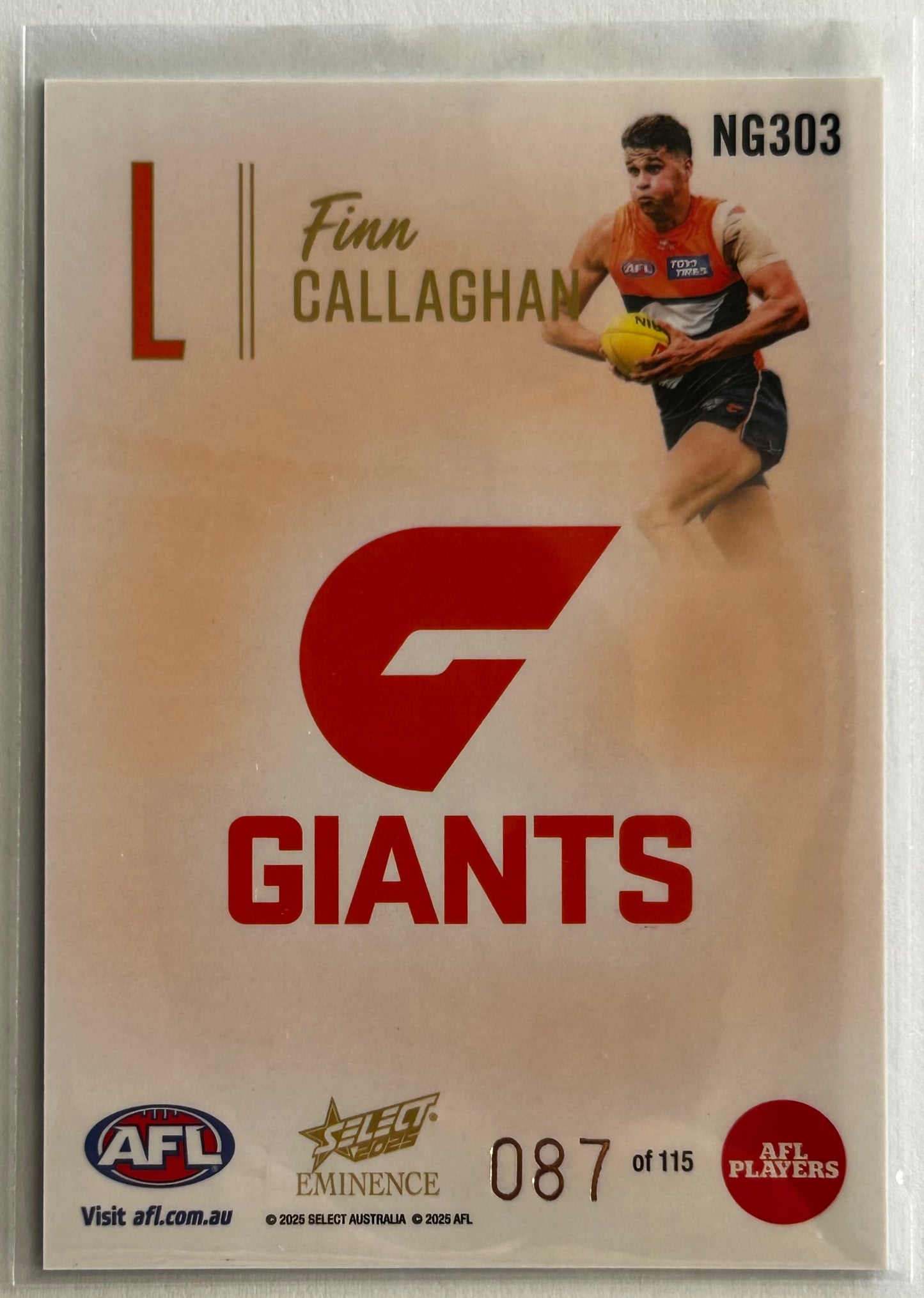 2025 AFL Select Eminence - FINN CALLAGHAN (GWS GIANTS) Nameplate Gold 'L' /115 NG303