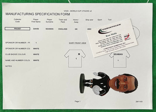 Corinthian ProStars Manufacturing Specification Form - DAVID SEAMAN (ENGLAND) Vivid World Cup 2002 3 Packs PRO557