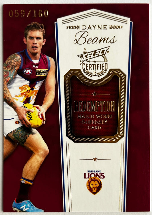 Select AFL 2016 Certified - DAYNE BEAMS (BRISBANE LIONS) Match Worn Guernsey Redemption Card MGR1 /160