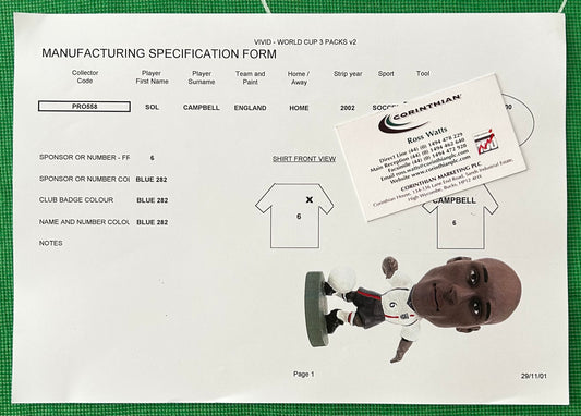 Corinthian ProStars Manufacturing Specification Form - SOL CAMPBELL (ENGLAND) Vivid World Cup 2002 3 Packs PRO558