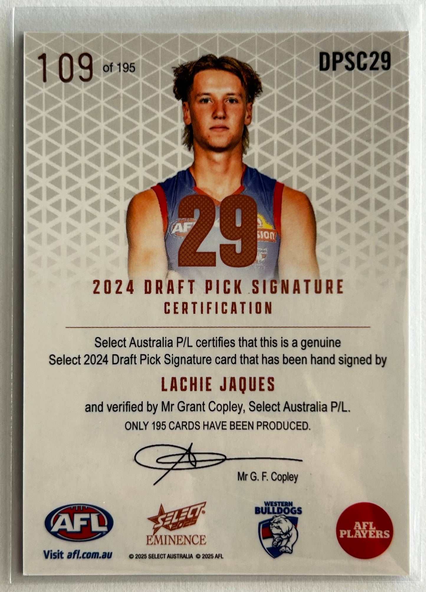 2025 AFL Select Eminence - LACHIE JAQUES (WESTERN BULLDOGS) Draft Pick Signature Copper /195 DPSC29