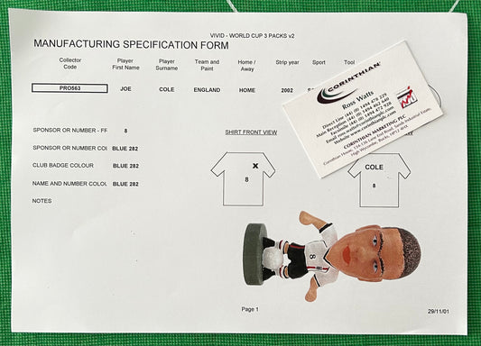 Corinthian ProStars Manufacturing Specification Form - JOE COLE (ENGLAND) Vivid World Cup 2002 3 Packs PRO563