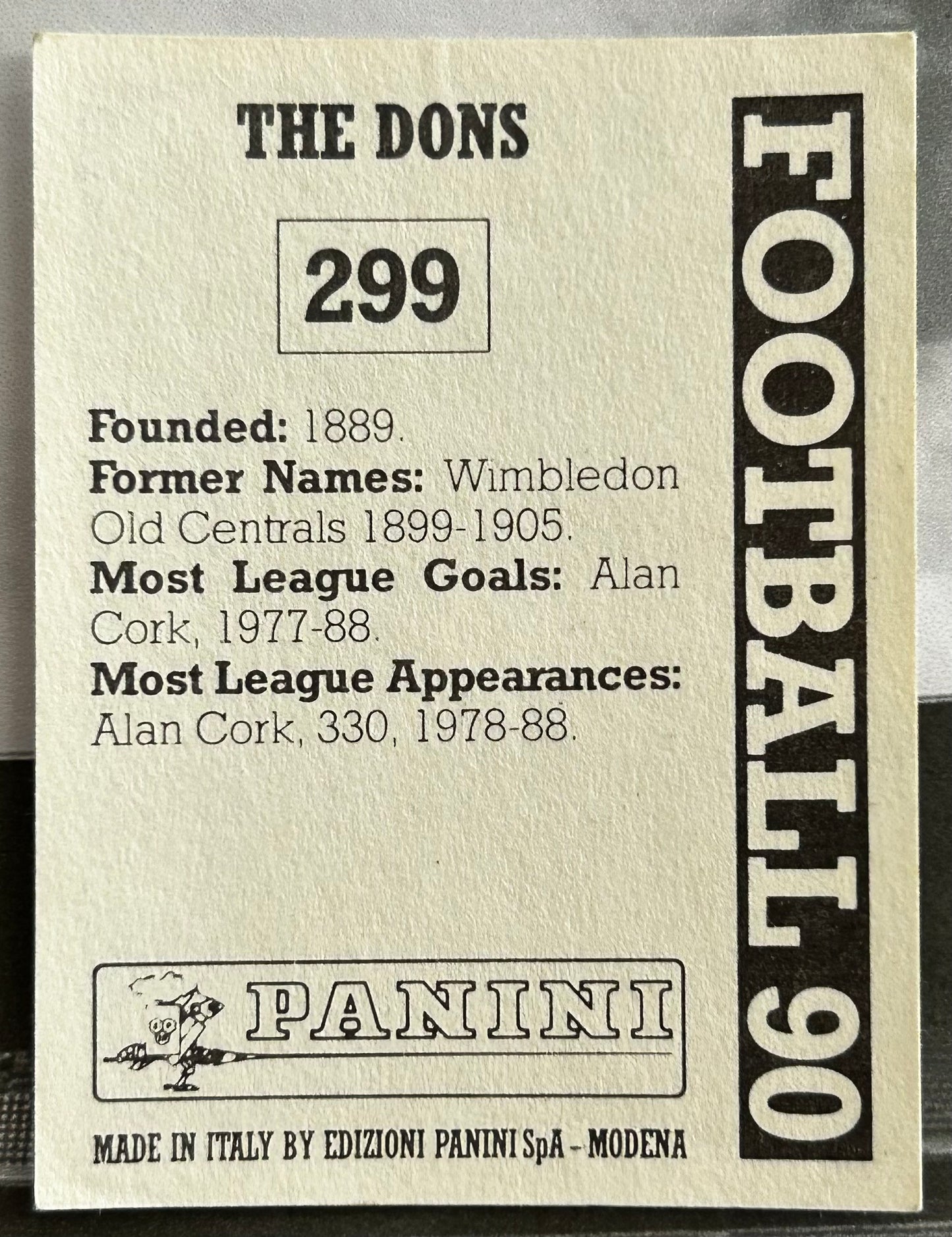 Panini Football 90 Sticker - TEAM PHOTO (WIMBLEDON) #299