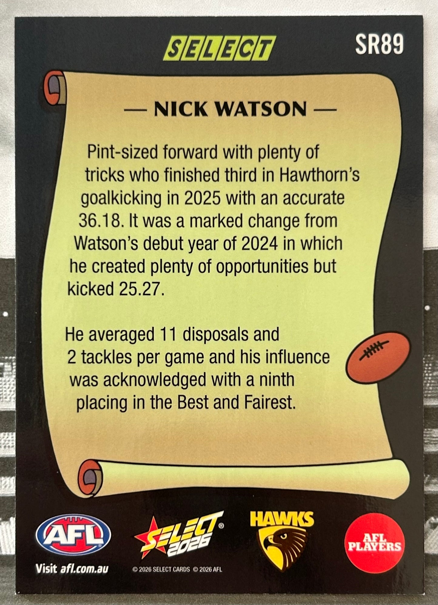 Select AFL Footy Stars 2026 - NICK WATSON (HAWTHORN) Select Rewind SR89