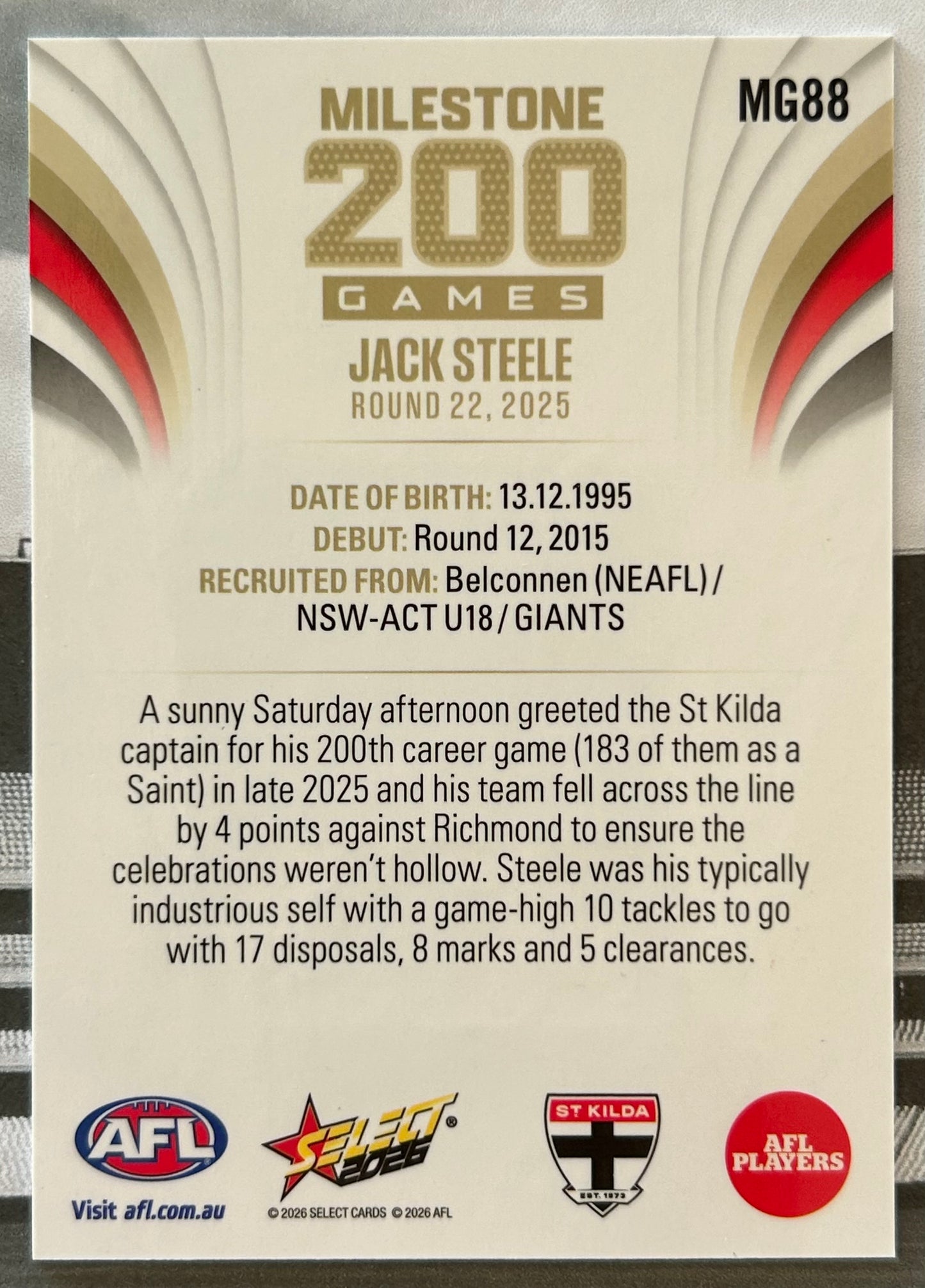 Select AFL Footy Stars 2026 - JACK STEELE (ST KILDA) Milestone 200 Games MG88