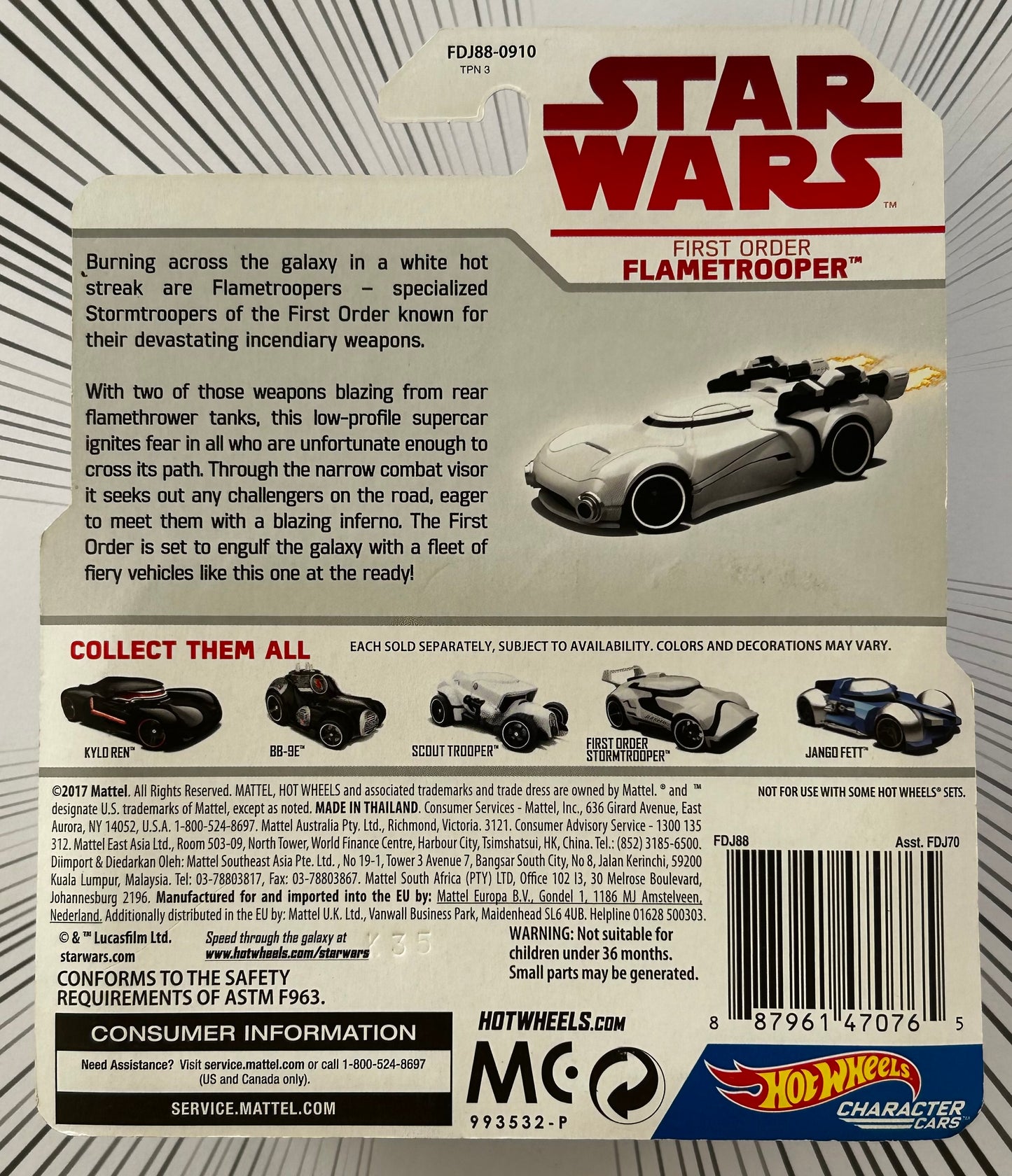 Mattel Hot Wheels Diecast Character Cars 1:64 - First Order Flametrooper Star Wars: The Last Jedi