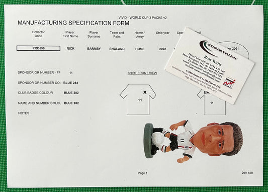 Corinthian ProStars Manufacturing Specification Form - NICK BARMBY (ENGLAND) Vivid World Cup 2002 3 Packs PRO550