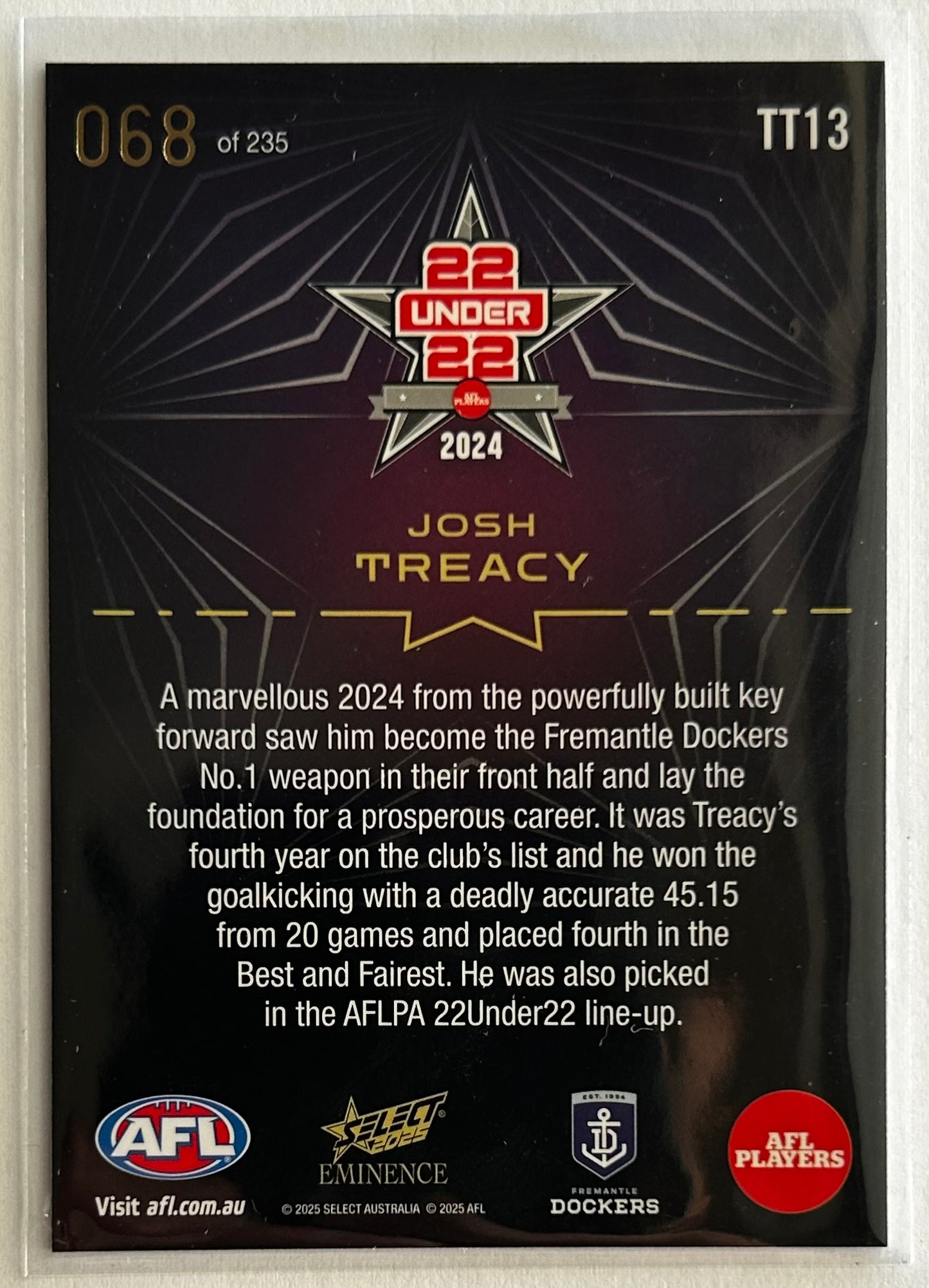 2025 AFL Select Eminence - JOSH TREACY (FREMANTLE DOCKERS) 22Under22 /235 TT13