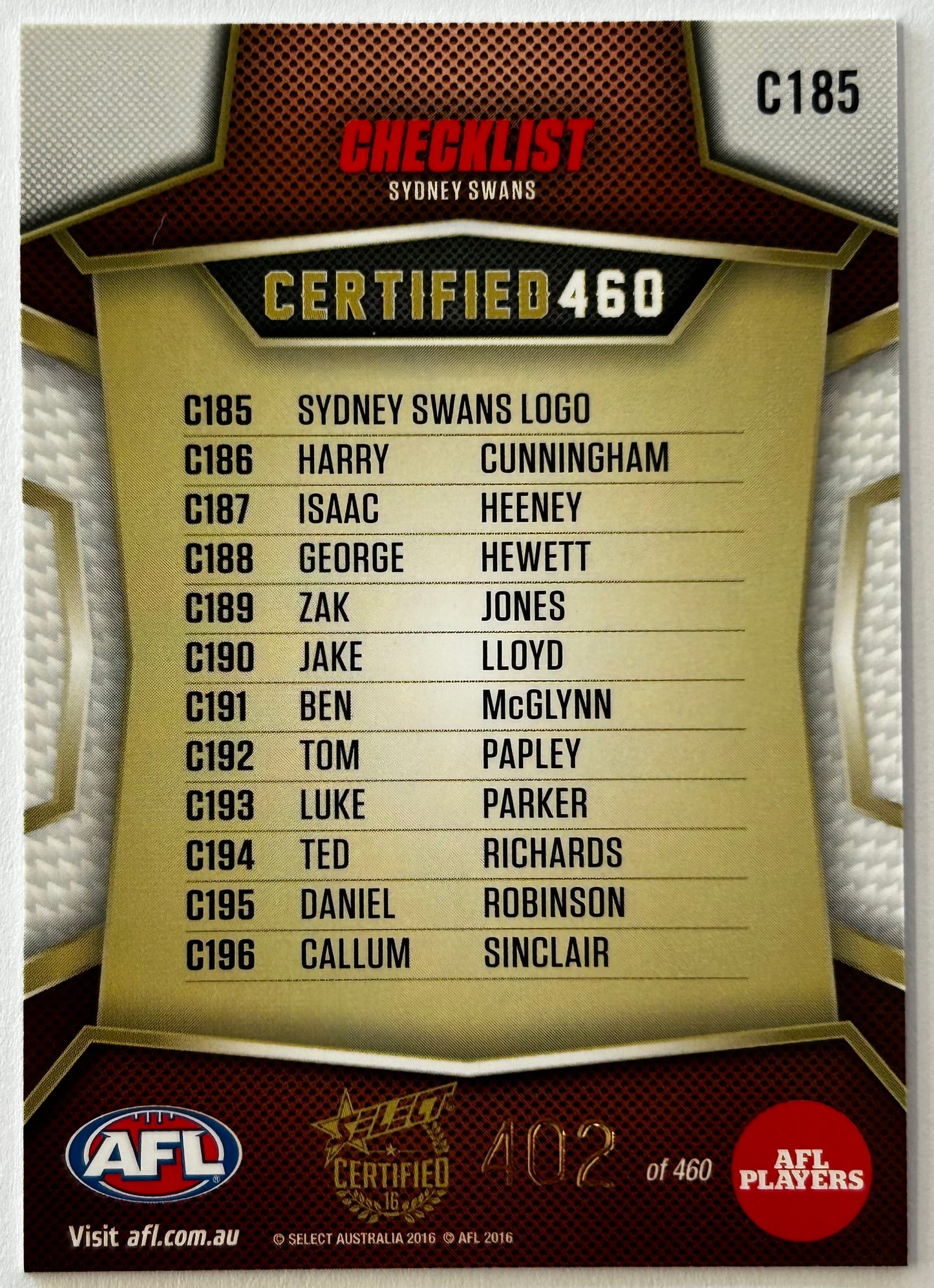 2016 AFL Select Certified - SYDNEY SWANS LOGO Certified 460 C185 /460